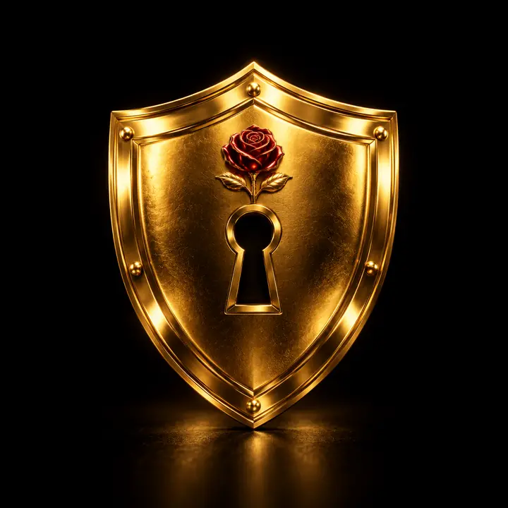 Gold shield with a keyhole and a small red rose